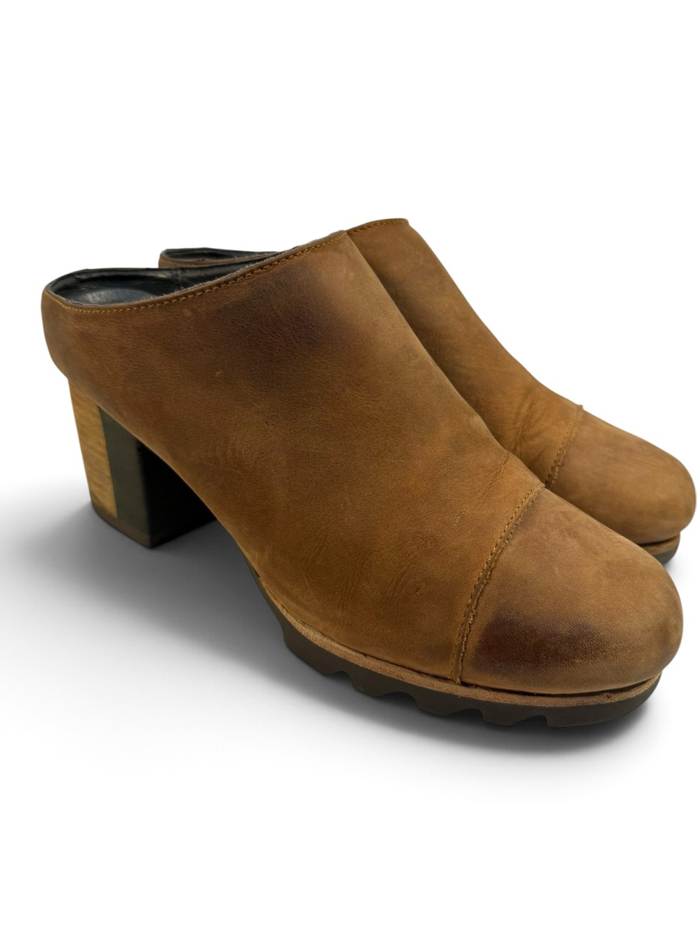 Sorel Brown Leather Heeled Mules Clogs Lug Sole Women’s Size 9